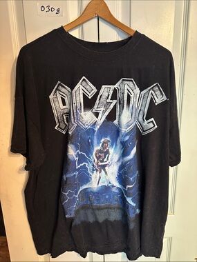 AC/DC Black Tee with Blue Lightning Guitar Graphic